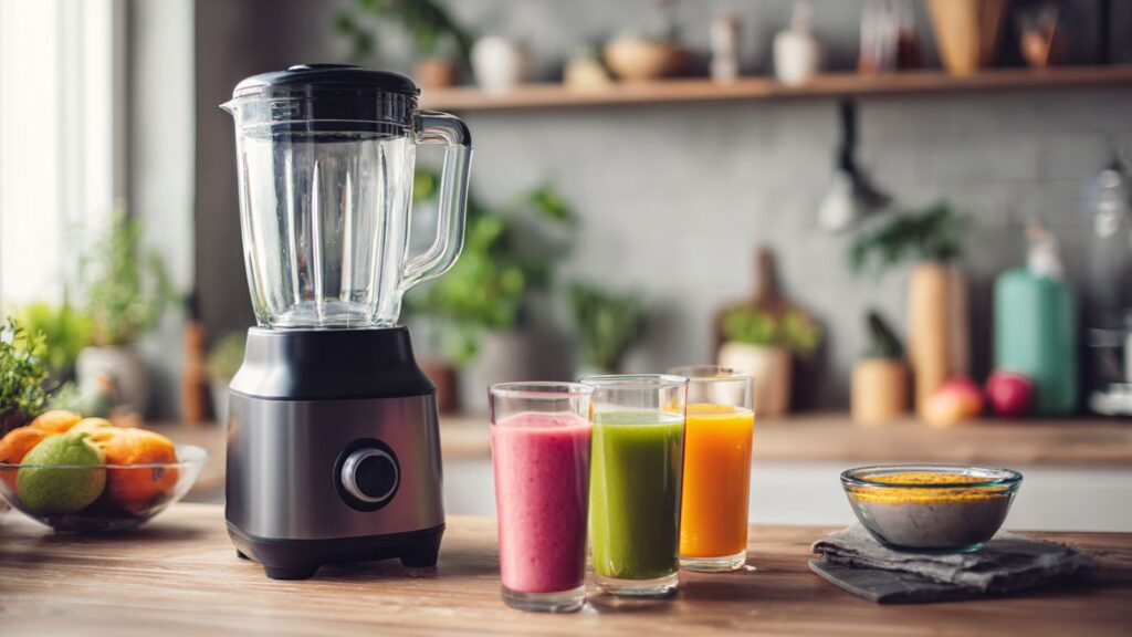 Markenfreier großer Standmixer neben fertigen Smoothies und einer Suppe in heller Küche