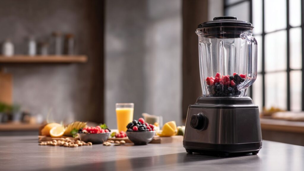 Markenfreier Standmixer mit großem Mixbehälter neben Früchten, Beeren und Nüssen