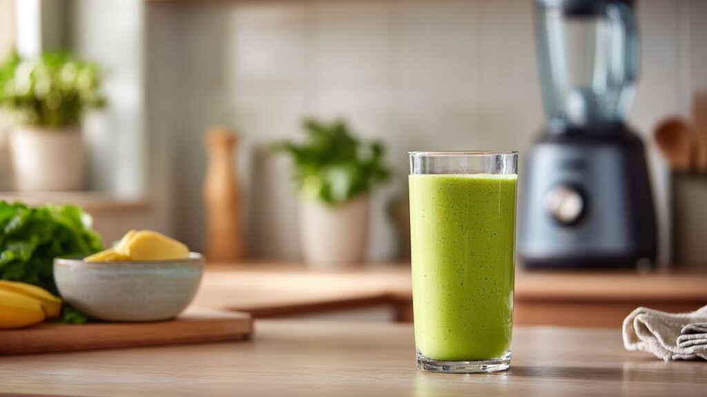 Markenfreier dunkler Standmixer neben fertigem Smoothieglas in heller moderner Küche