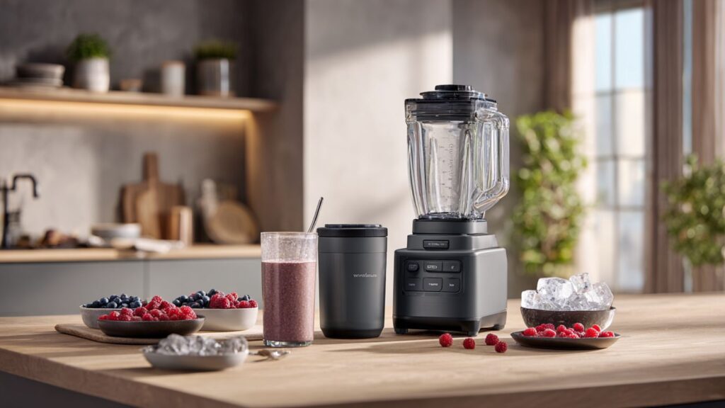 Markenfreier dunkler Standmixer mit Mixbehälter neben Smoothieglas und gefrorenen Zutaten