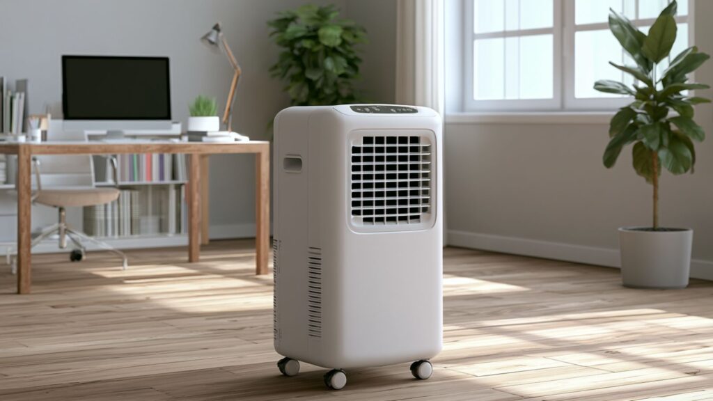 Markenfreies mobiles Klimagerät in einem hellen Homeoffice an einem Sommertag