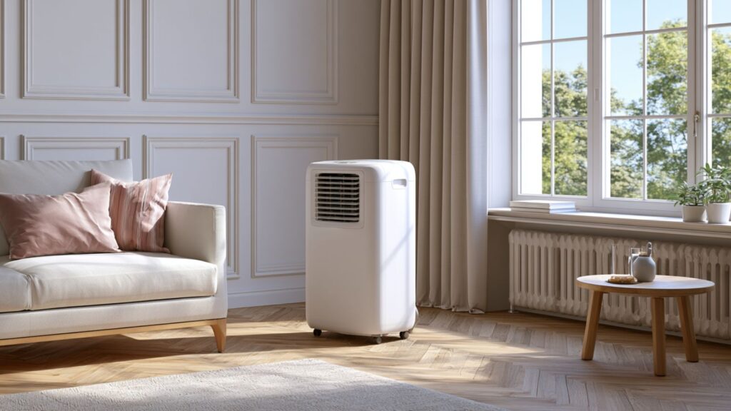 Markenfreie Alltagsszene mit mobiler Klimaanlage, Abluftschlauch und Fensterabdichtung