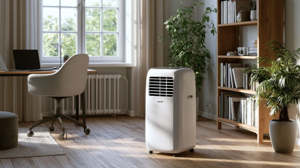 Markenfreies mobiles Klimagerät in einem hellen Homeoffice an einem warmen Sommertag