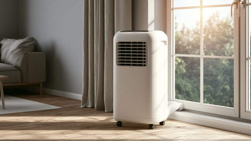 Markenfreie mobile Klimaanlage mit Abluftschlauch neben einem Fenster in heller Wohnung