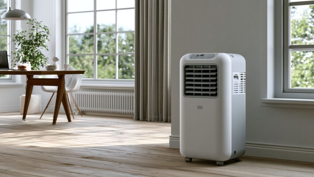 Mobile Klimaanlage in hellem Arbeitszimmer an einem warmen Sommertag