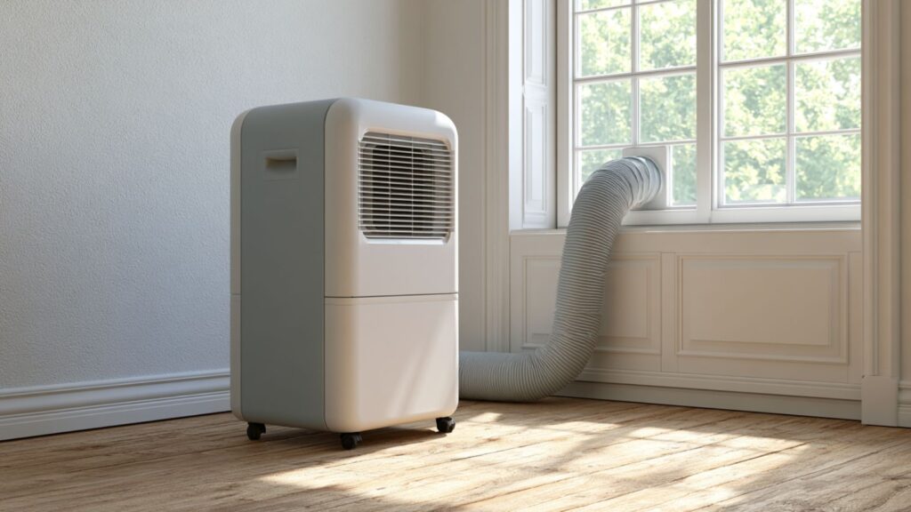 Mobile Klimaanlage in hellem Arbeitszimmer an einem warmen Sommertag