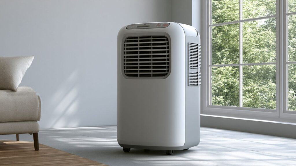 Mobile Klimaanlage mit Abluftschlauch in hellem Wohnraum nahe einem Fenster