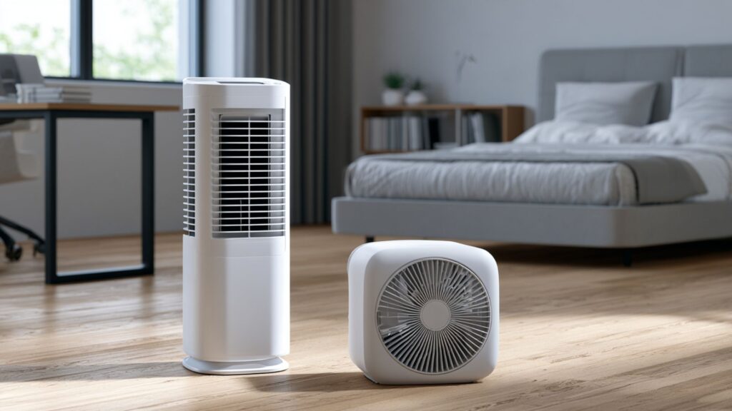 Markenfreies Ratgeberbild mit kleinem Luftkühler und Mini-Luftkühler in heller Schlafzimmer- und Büroumgebung