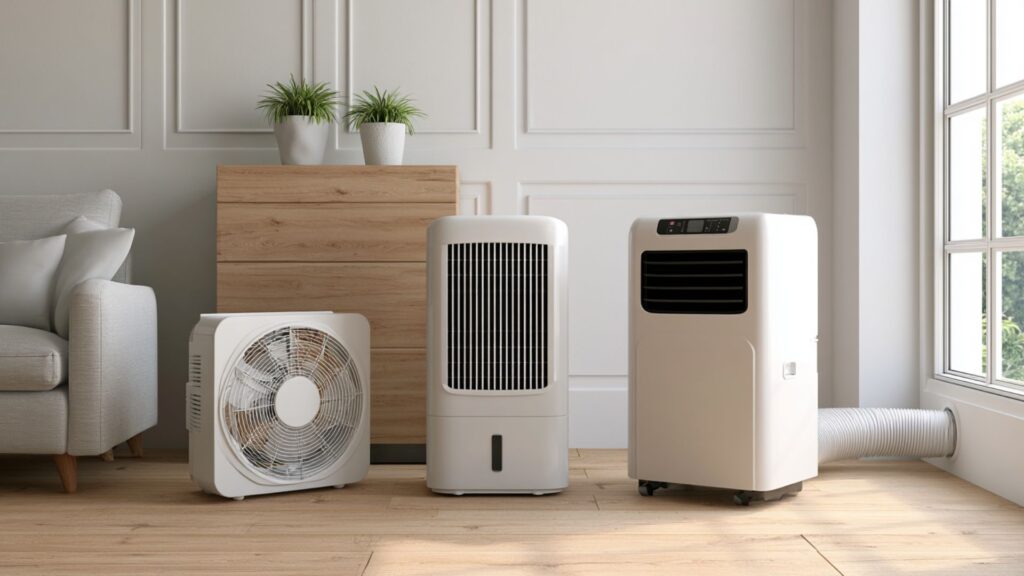 Markenfreies Ratgeberbild mit Ventilator, Luftkühler und mobilem Klimagerät in heller Wohnung