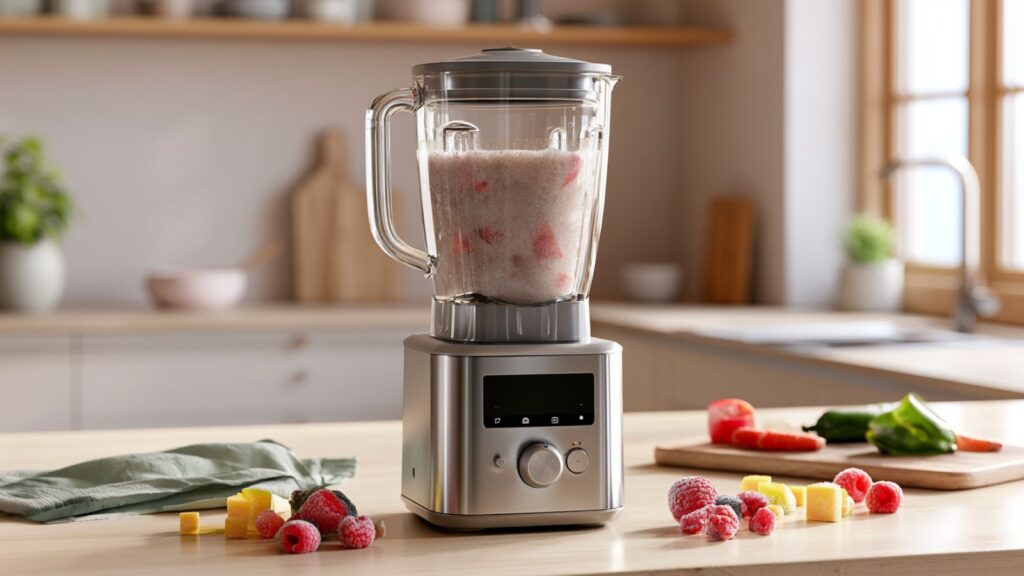 Markenfreie Alltagsszene mit größerem Standmixer und einfachen Zutaten in heller Küche