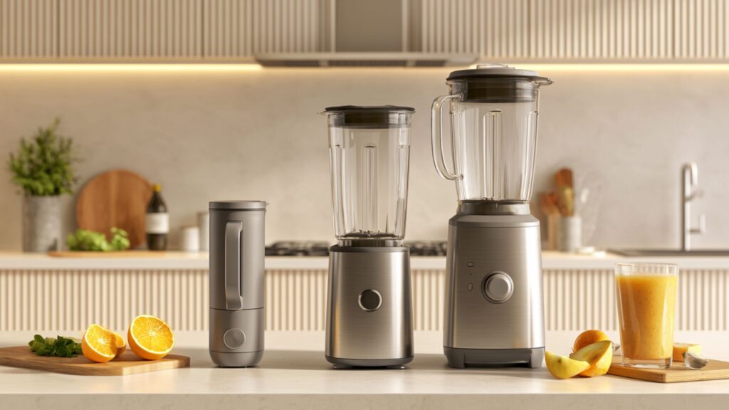Markenfreies Ratgeberbild mit drei unterschiedlichen Mixergrößen auf heller Küchenarbeitsfläche