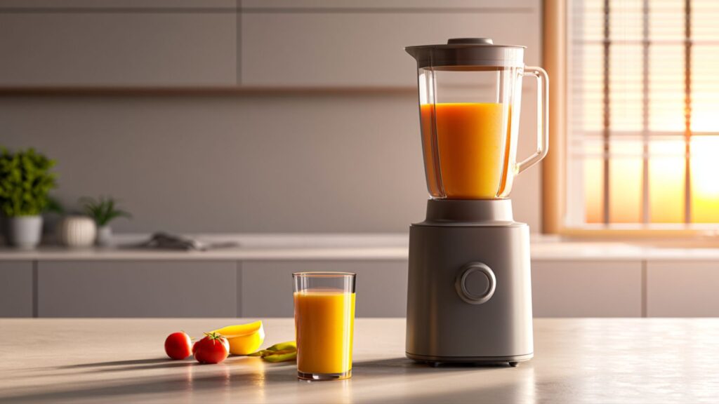 Markenfreie Alltagsszene mit neutralem Mixer auf sauberer Küchenarbeitsfläche