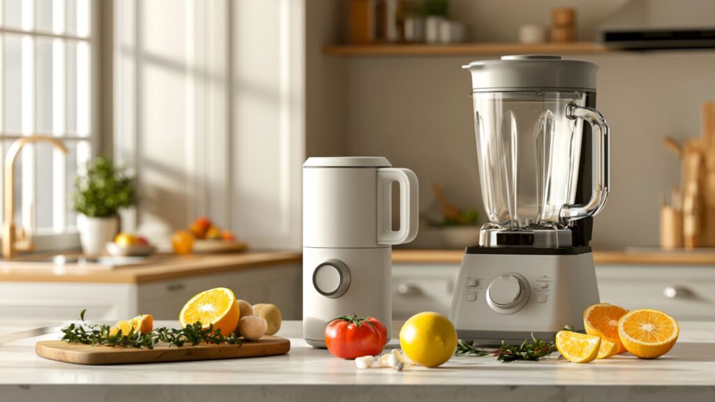 Markenfreies Ratgeberbild mit verschiedenen Mixer-Typen auf heller Küchenarbeitsfläche