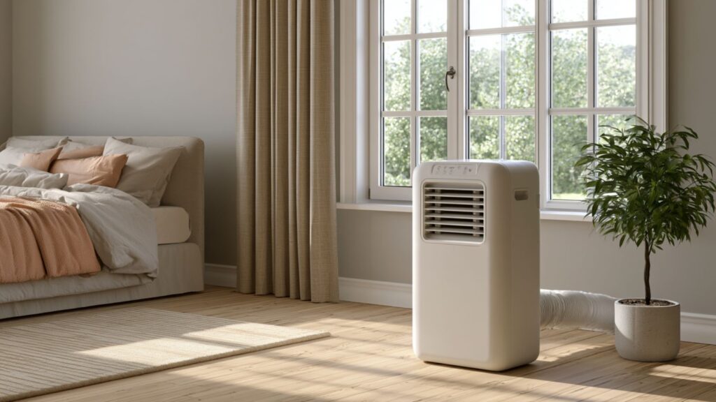 Markenfreie Übersichtsszene mit mobiler Klimaanlage, Abluftschlauch und Fenster in einem hellen Wohnraum