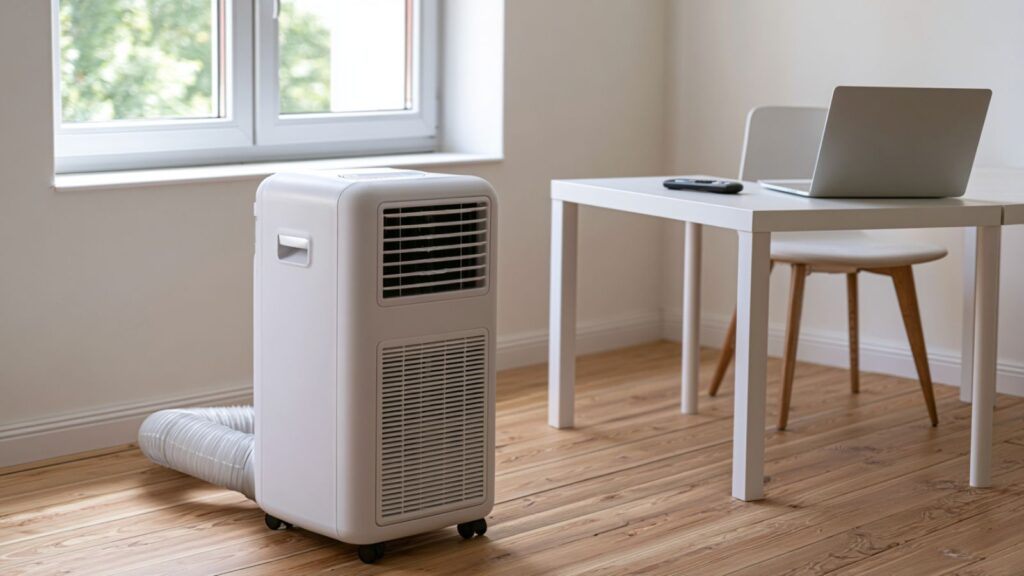 Markenfreie Alltagsszene mit mobiler Klimaanlage, Fensterabdichtung und Homeoffice-Arbeitsplatz