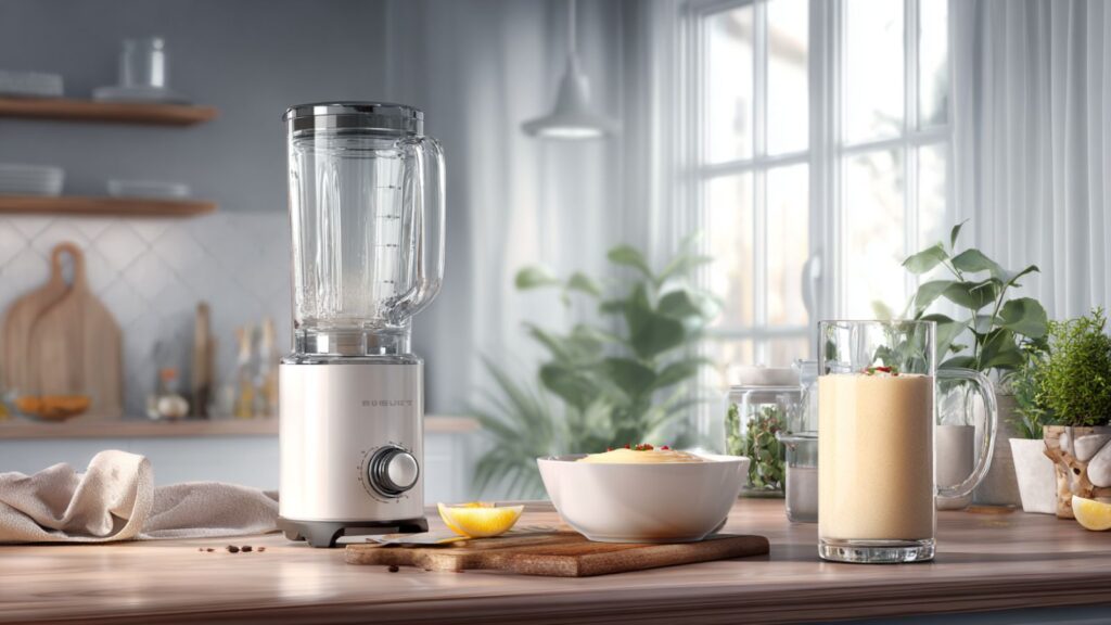 Markenfreier Standmixer neben cremiger Suppe und Smoothieglas in heller moderner Küche