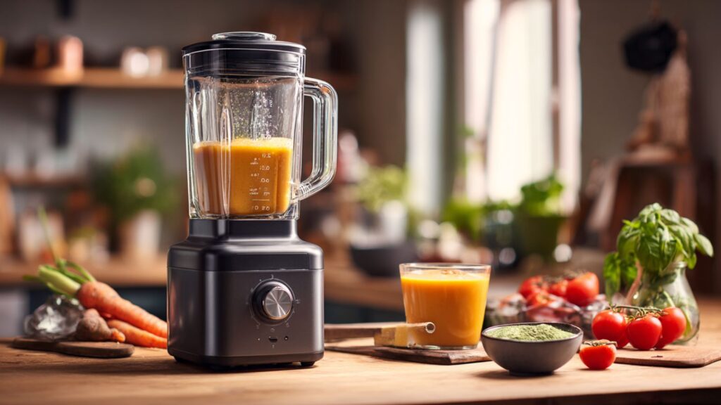 Markenfreier Standmixer mit Glasbehälter neben vorbereiteten Zutaten für warme Suppe