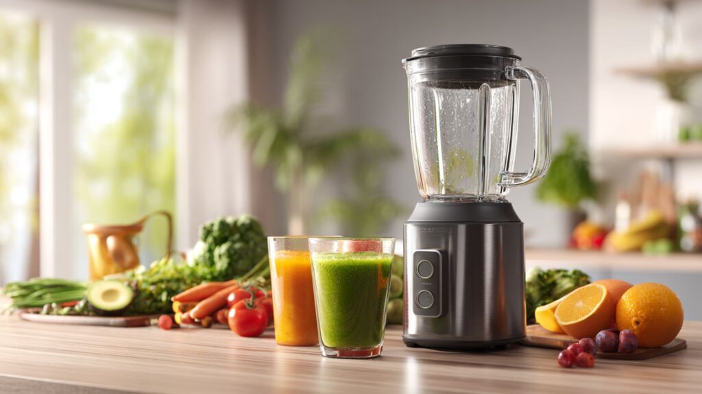 Markenfreier Standmixer mit Glasbehälter auf heller Küchentheke neben Gemüse und Zutaten