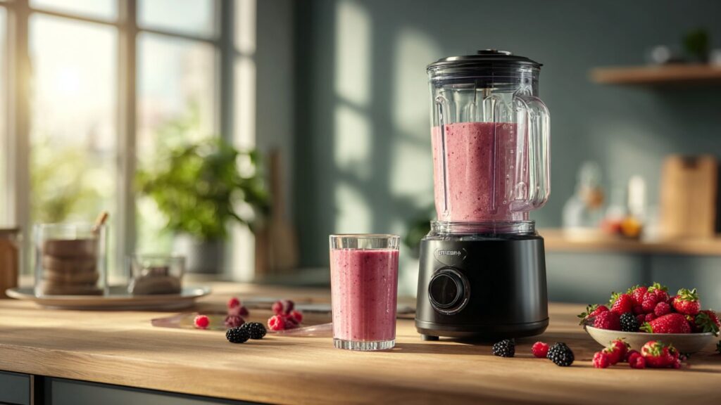 Markenfreier kompakter Smoothie-Mixer neben fertigem Smoothieglas auf kleiner heller Küchentheke