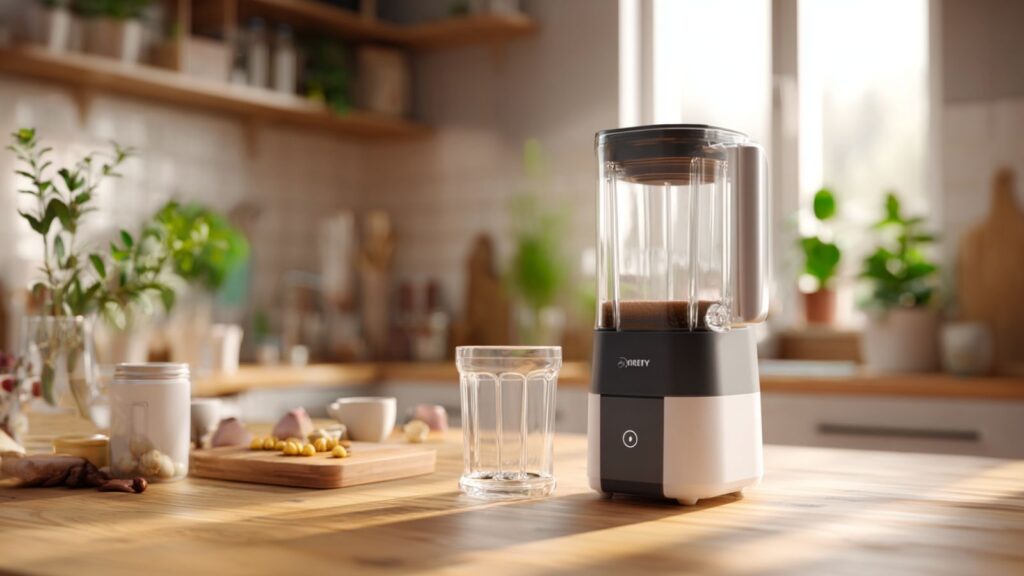 Markenfreier kompakter Smoothie-Mixer mit abgenommenem Mixbecher auf heller Küchenarbeitsfläche