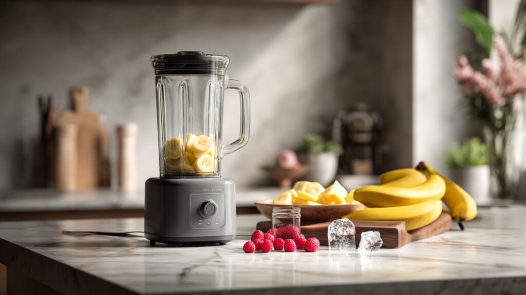 Markenfreier kompakter Smoothie-Mixer auf heller Küchenarbeitsfläche mit Becher und frischen Zutaten