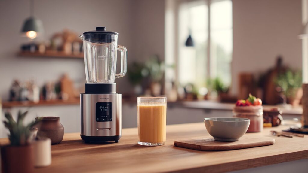 Markenfreier großer Standmixer neben Smoothieglas und Suppenschale auf moderner Küchenarbeitsfläche
