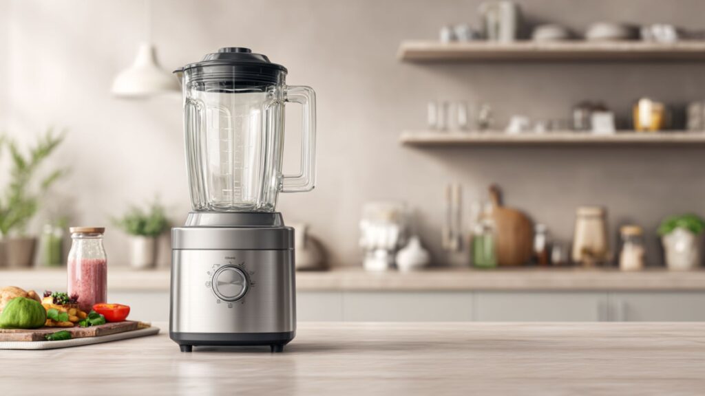 Markenfreier Hochgeschwindigkeits-Standmixer mit Glasbehälter auf heller Küchenarbeitsfläche in moderner Küche
