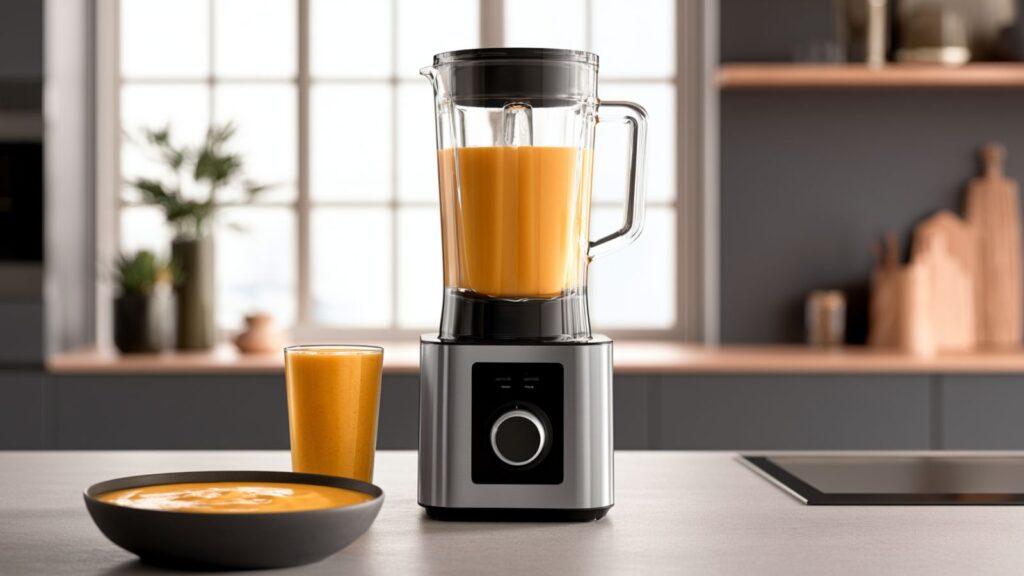 Markenfreie Alltagsszene mit Kochmixer, Smoothieglas und Schale warmer Suppe