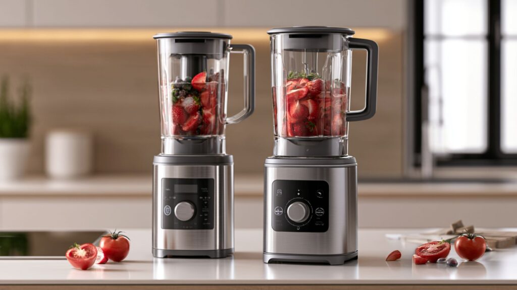 Markenfreies Vergleichsbild zweier Kochmixer mit Glasbehälter auf heller Küchenarbeitsfläche
