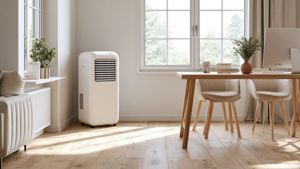 Markenfreie mobile Klimaanlage mit Abluftschlauch seitlich in einem hellen Homeoffice