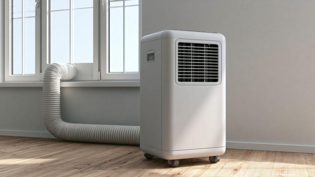 Markenfreie mobile Klimaanlage mit Abluftschlauch am Fenster in heller Raumszene