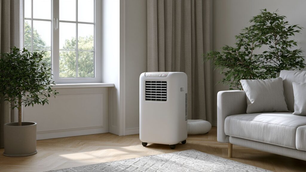 Markenfreie mobile Klimaanlage mit Abluftschlauch in einem hellen modernen Wohnraum nahe einem Fenster