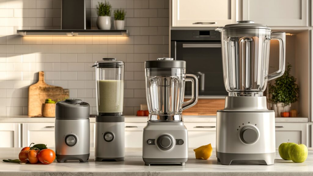 Markenfreies Ratgeberbild mit verschiedenen Mixer-Typen auf heller Küchenarbeitsfläche