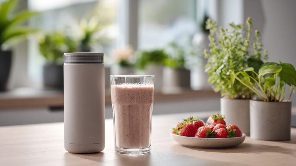 Markenfreie To-go-Smoothie-Flasche mit fertigem Smoothie neben kompaktem Mixer in heller Frühstücksszene