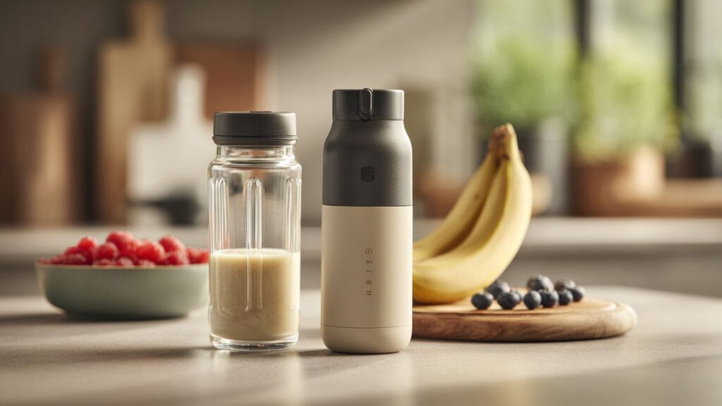 Markenfreier kompakter Smoothie-Maker mit Trinkflasche neben Früchten und Eiswürfeln