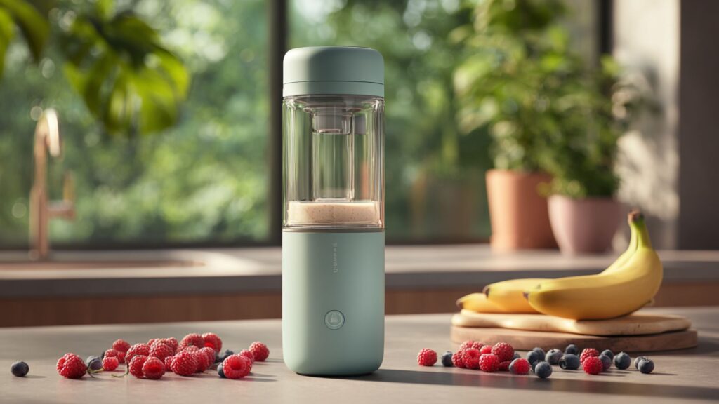 Markenfreier kompakter To-go-Smoothie-Maker mit Trinkflasche auf heller Küchenarbeitsfläche