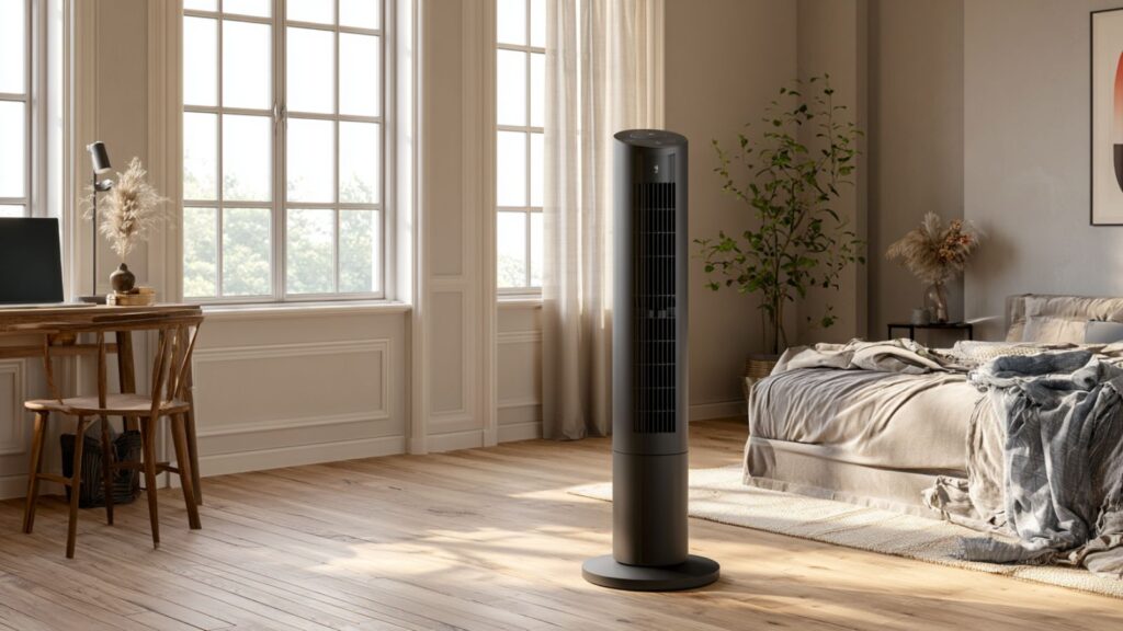 Markenfreier dunkler Turmventilator in ruhigem Schlafzimmer mit Homeoffice-Ecke