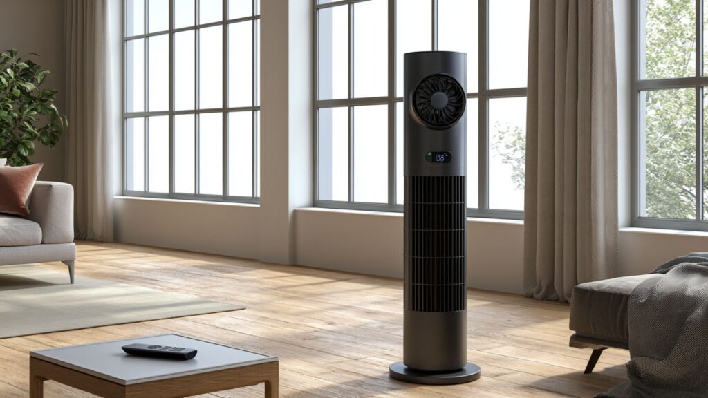 Markenfreier Turmventilator mit Fernbedienung in ruhiger Wohnraumszene