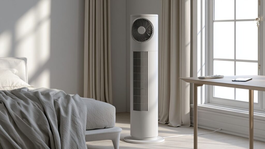 Markenfreie Alltagsszene mit Smart-Turmventilator, Fernbedienung und Smartphone-Andeutung