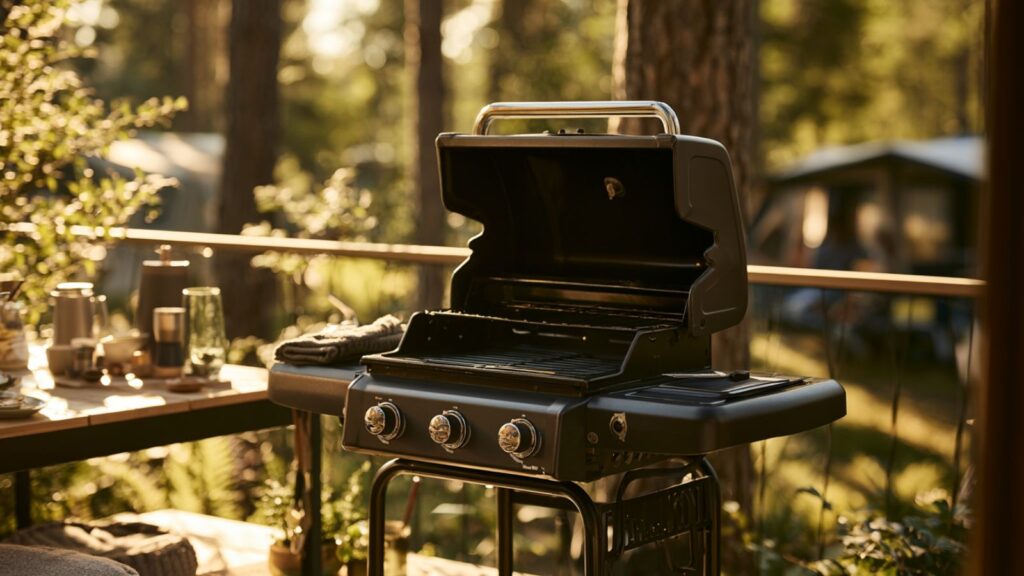 Markenfreie Alltagsszene mit kompaktem Gasgrill auf kleiner Balkon- oder Campingfläche
