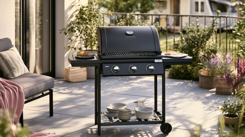Markenfreie Alltagsszene mit einem kompakten Gasgrill für Balkon oder Camping