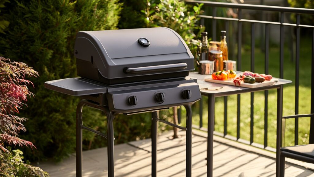 Markenfreie Alltagsszene mit einem kompakten Gasgrill für Balkon, Terrasse oder Camping