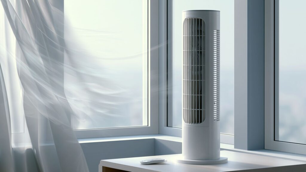 Markenfreie Alltagsszene mit weißem Turmventilator im ruhigen Schlafzimmer oder Homeoffice