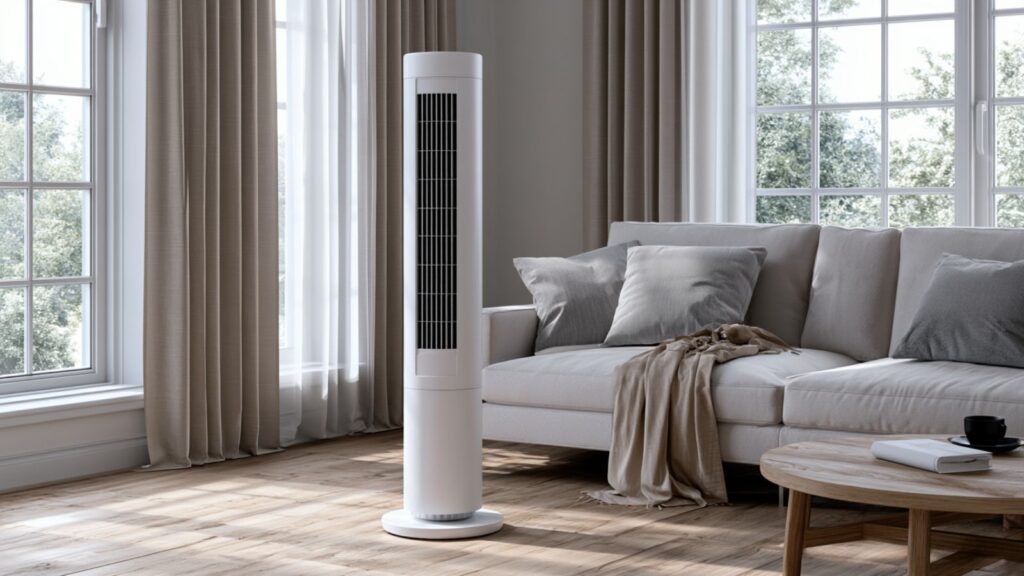 Markenfreier weißer Turmventilator in hellem Wohnzimmer neben einem Sofa