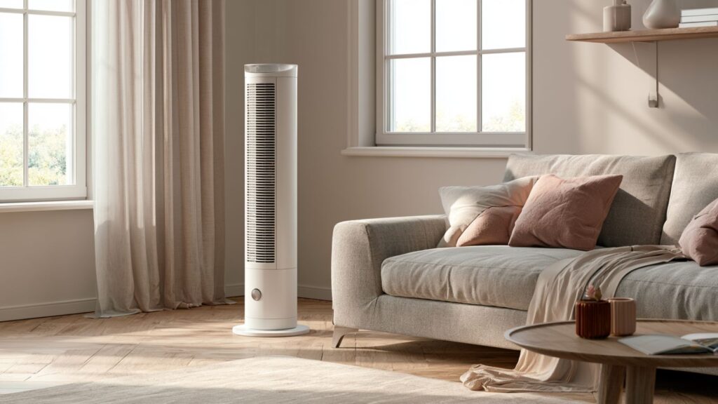 Markenfreier weißer Turmventilator mit Fernbedienung und dezenter Luftstrom-Andeutung