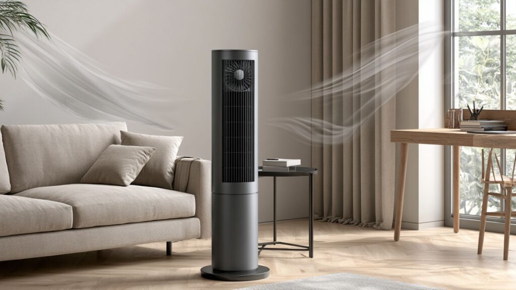 Markenfreie Alltagsszene mit Turmventilator neben Sofa und Schreibtisch in heller Wohnumgebung