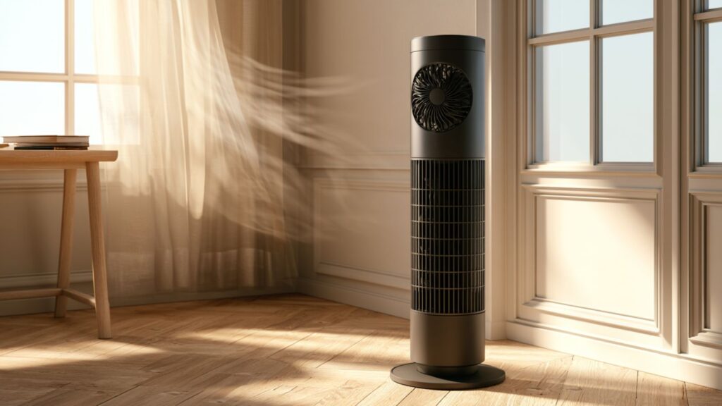 Markenfreier kompakter Turmventilator neben Schreibtisch in kleinem hellem Raum
