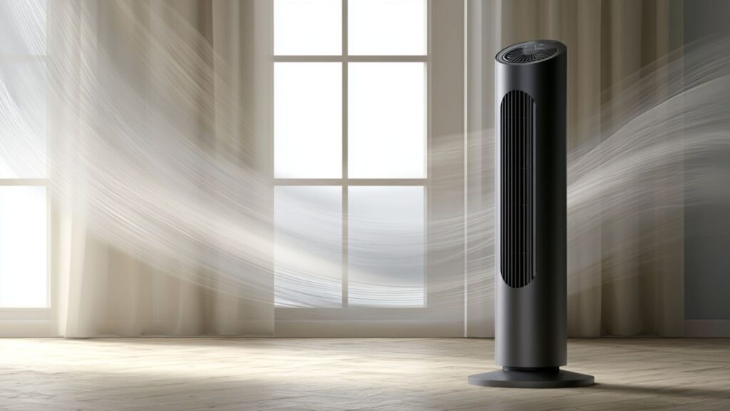 Markenfreier Turmventilator mit dezent angedeutetem Luftstrom in heller Innenraumszene