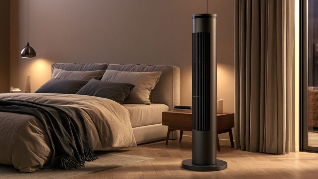 Markenfreier schwarzer Turmventilator in ruhigem Schlafzimmer neben Bett und Nachttisch