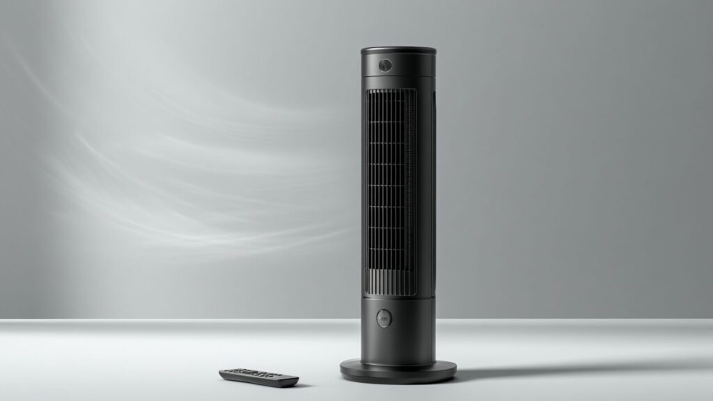 Markenfreier schwarzer Turmventilator mit schlichter Fernbedienung und angedeuteter Luftzirkulation